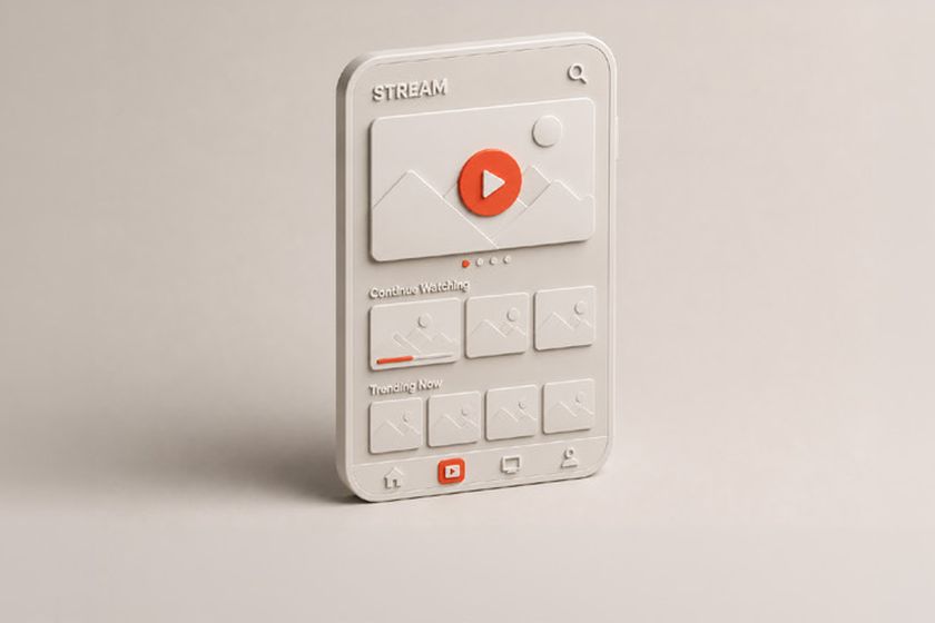 Maquete 3D de um celular com aplicativo de streaming de vídeo