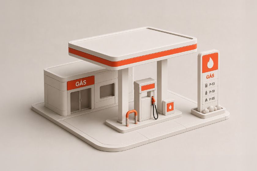 Maquete 3D de um posto de gás em tons de branco e laranja