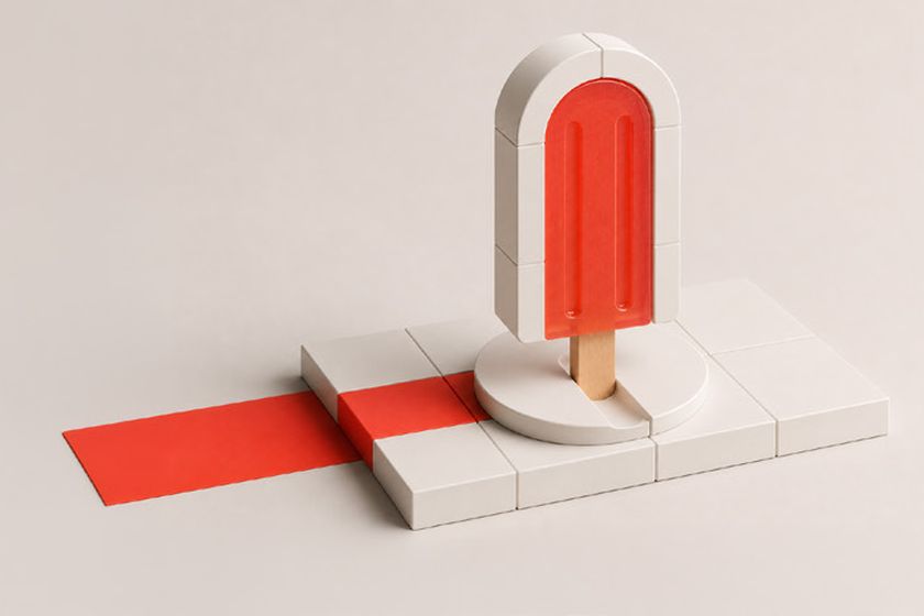 Maquete 3D de um picolé vermelho sobre uma base de azulejos